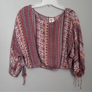 Self Esteem Multicolored 3/4 Open Sleeve w/Ties Crop Blouse Size Small EUC